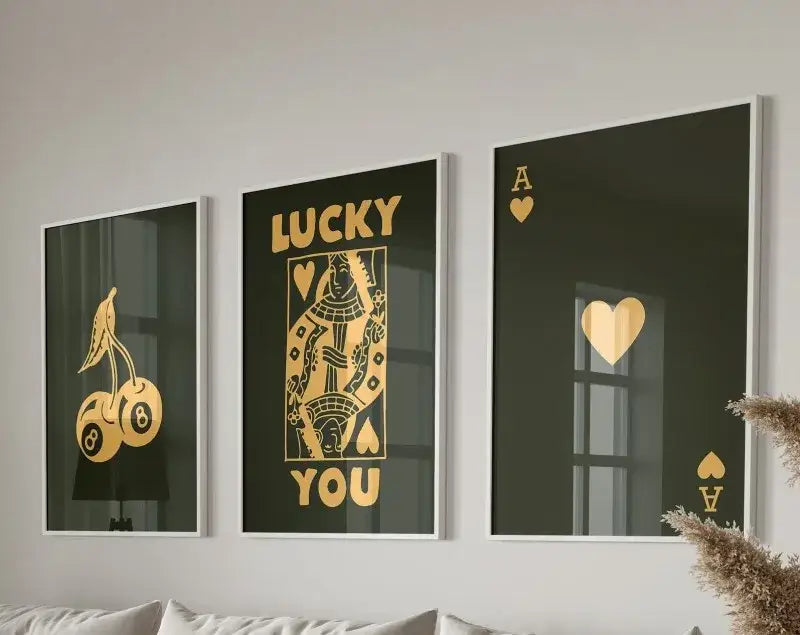 DecorBites™ retro queen of hearts wall art set featuring black and gold hearts canvas with cherries queen and ace designs
