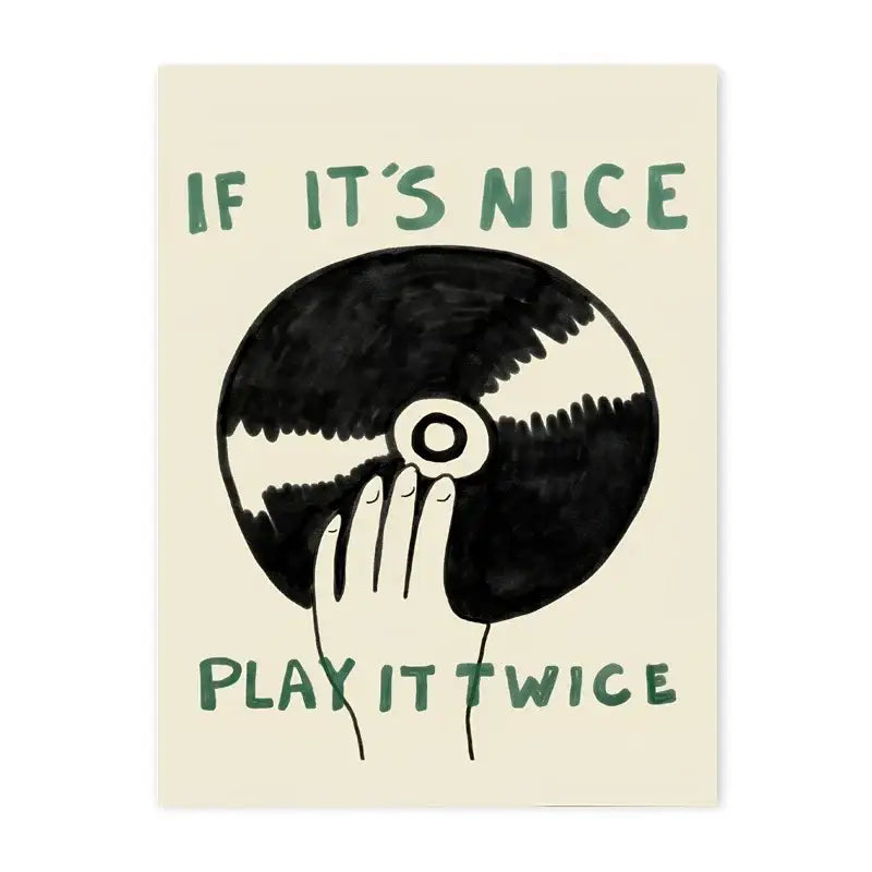 Cream-colored DecorBites™ retro record player canvas wall art featuring a hand holding a black and white vinyl record with green text