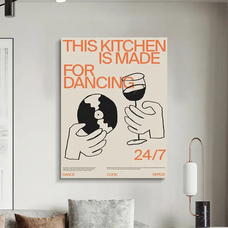 Cream-colored canvas print DecorBites™ Retro Record Player featuring bold orange text and minimalist black line art