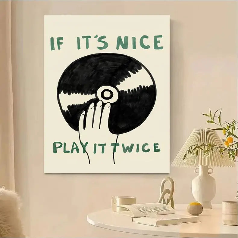 DecorBites™ retro record player canvas wall art with minimalist black and white hands holding vinyl and green text