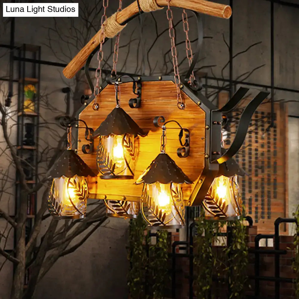Rustic black metallic DecorBites retro ship-shaped island lamp with six white fabric clear glass shades for restaurants