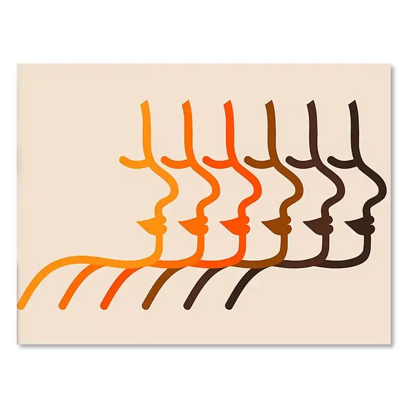 DecorBites retro stripes art canvas with orange to dark brown stylized faces on cream background for living room decor