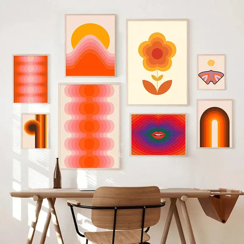 A collection of DecorBites™ retro stripes art prints featuring vibrant floral and geometric designs for living room decor