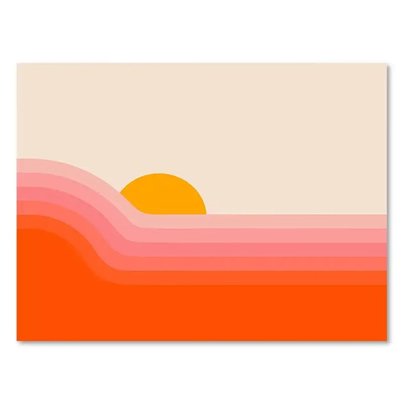 DecorBites™ retro stripes art print featuring a minimalist abstract sunset with vibrant orange and pink for living room decor
