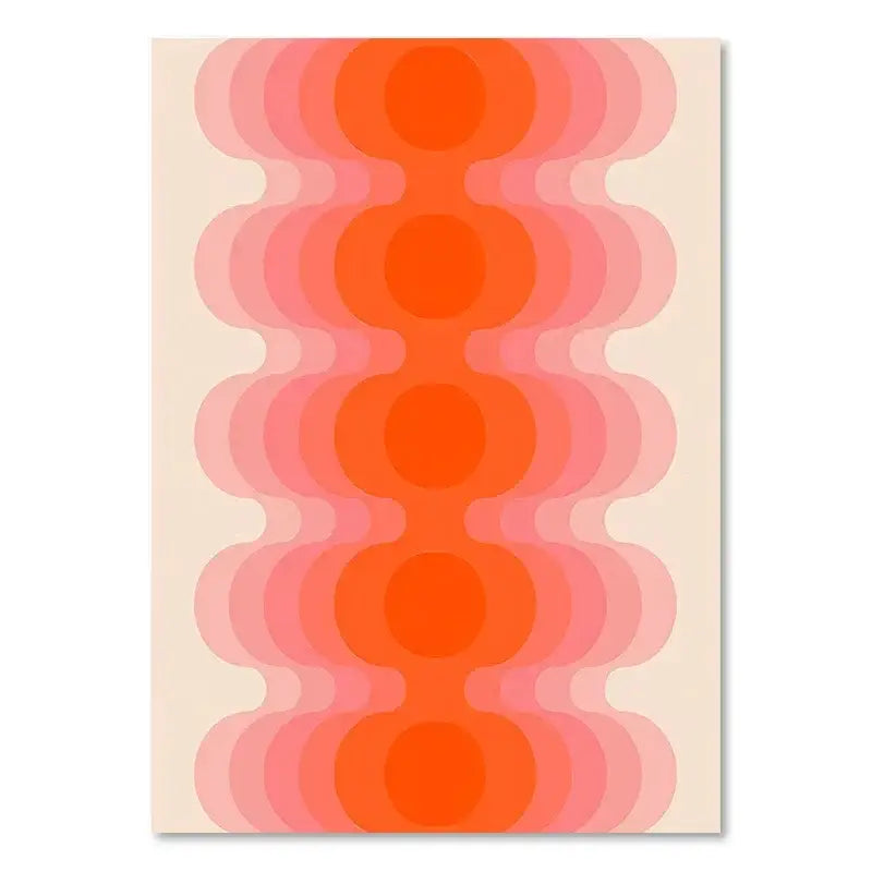 A modern abstract DecorBites™ retro stripes art print with orange and pink wavy circles for living room decor