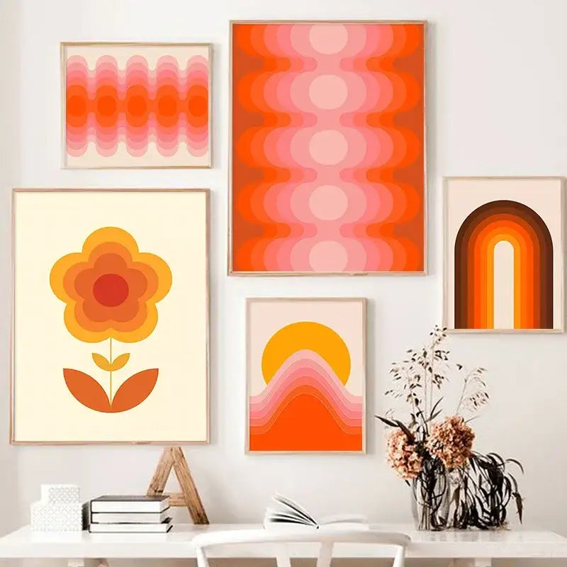 A set of five framed decorbites™ retro stripes art prints with orange pink and yellow abstract patterns for living room