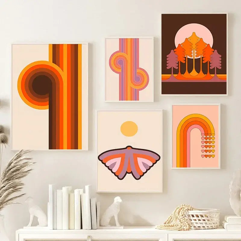 Set of five decorbites™ retro stripes art prints with bold orange pink and purple geometric patterns for living room decor
