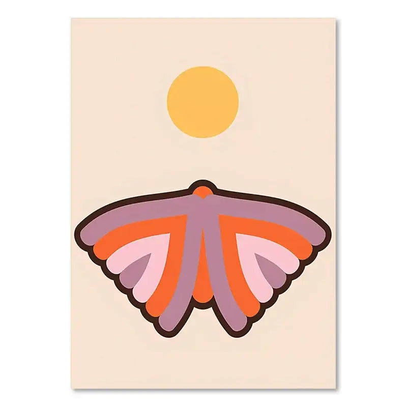 Decorbites™ retro stripes art print featuring a stylized purple and orange moth for living room decor