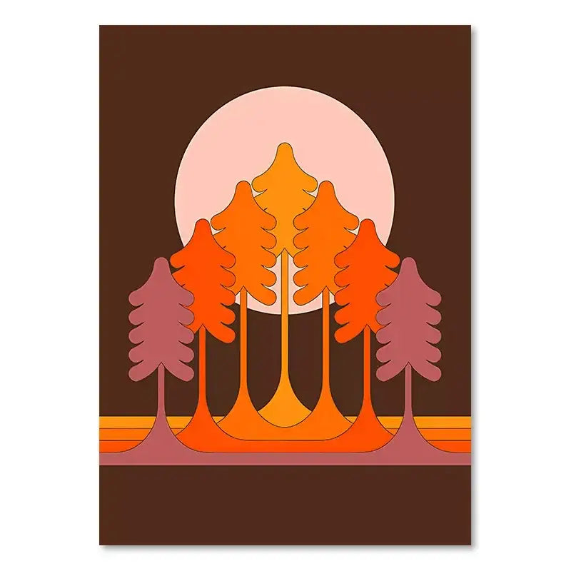 Stylized forest scene poster with gradient orange and pink trees and peach sun on brown background for living room retro stripes art