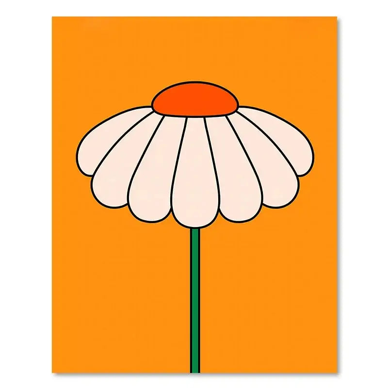 Decorbites™ retro stripes art print featuring a stylized white daisy on orange background for living room decor