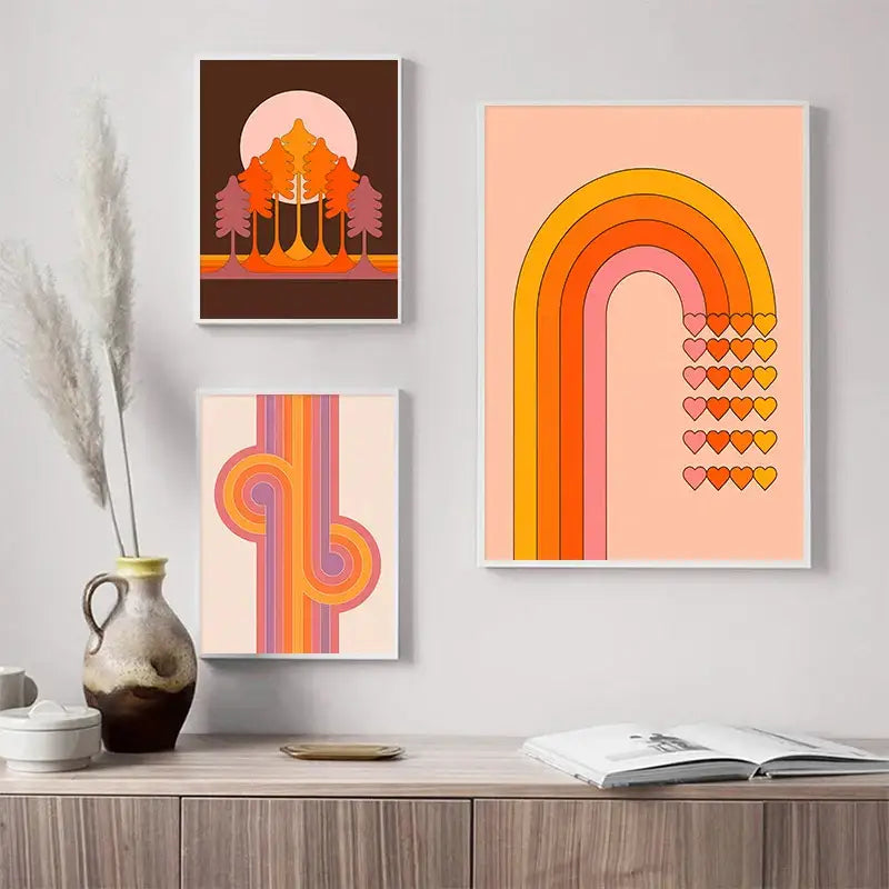 Three framed DecorBites™ retro stripes art prints with vintage colors and geometric designs for living room decor