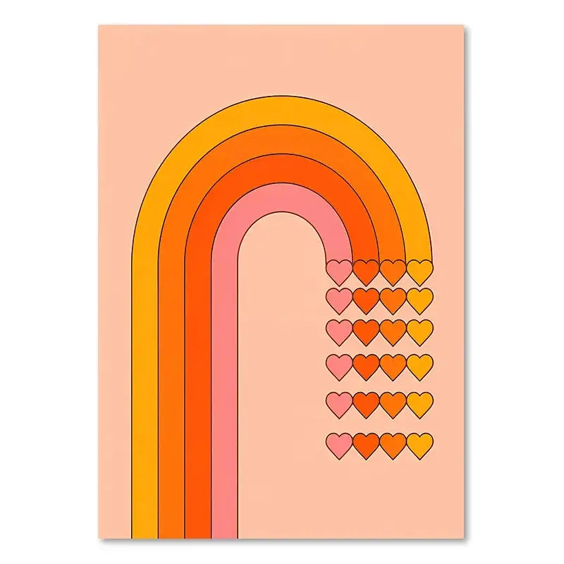 DecorBites™ retro stripes art print featuring vibrant orange pink and yellow bands with hearts for living room decor