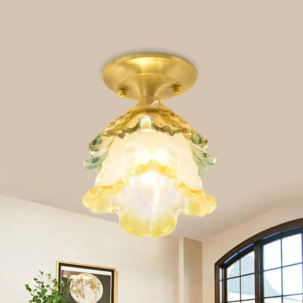 Decorbites™ retro style gold ruffle glass ceiling lamp with translucent yellow and green flower-shaped shade