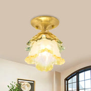 Decorbites™ retro style gold ruffle glass ceiling lamp with translucent yellow and green flower-shaped shade