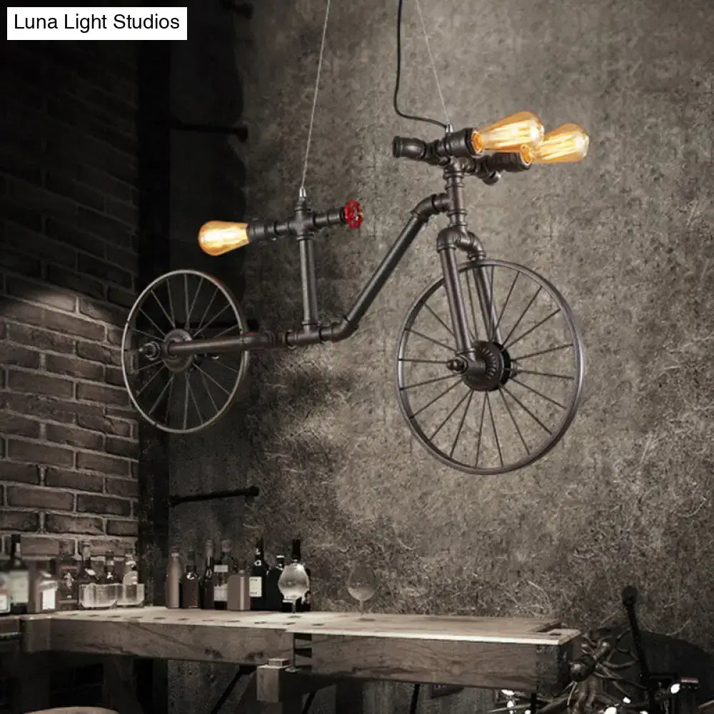 DecorBites™ retro style iron piping bicycle hanging lamp with black metal frame, exposed bulbs, and red valve accents