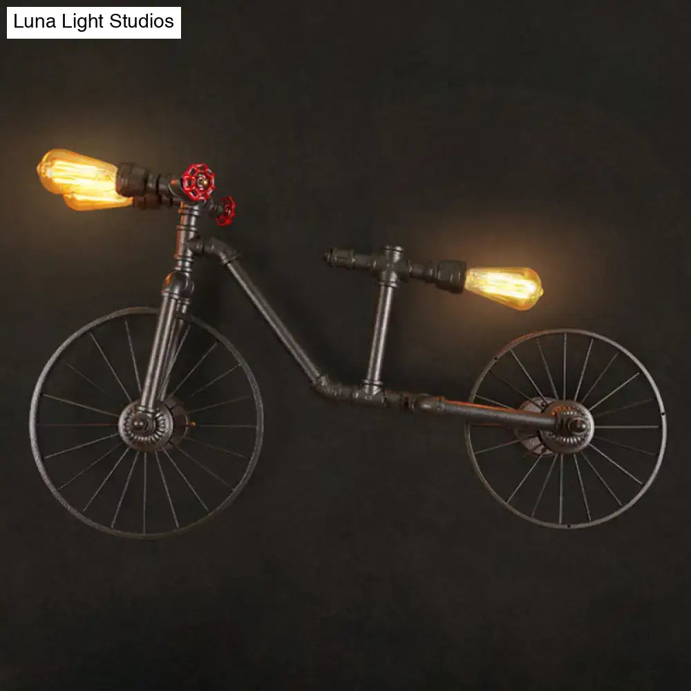 DecorBites™ retro style iron piping bicycle hanging lamp in black metal with red valve accents and two glowing bulbs