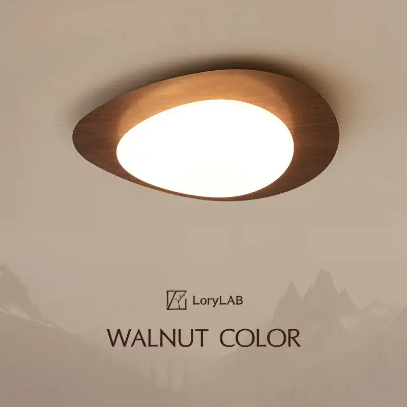 DecorBites™ retro-style walnut color acrylic ceiling light with oval wooden frame and warm glowing bulb for living room