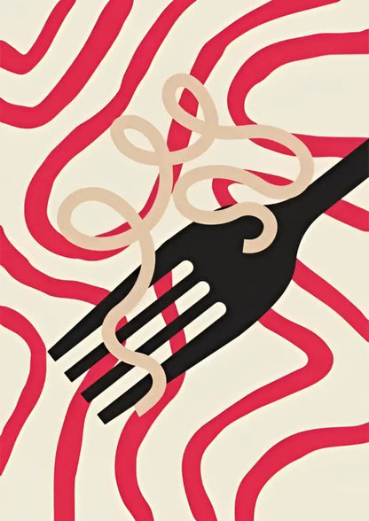DecorBites™ retro vintage espresso wall art canvas print featuring a black fork with cream spaghetti on wavy red lines