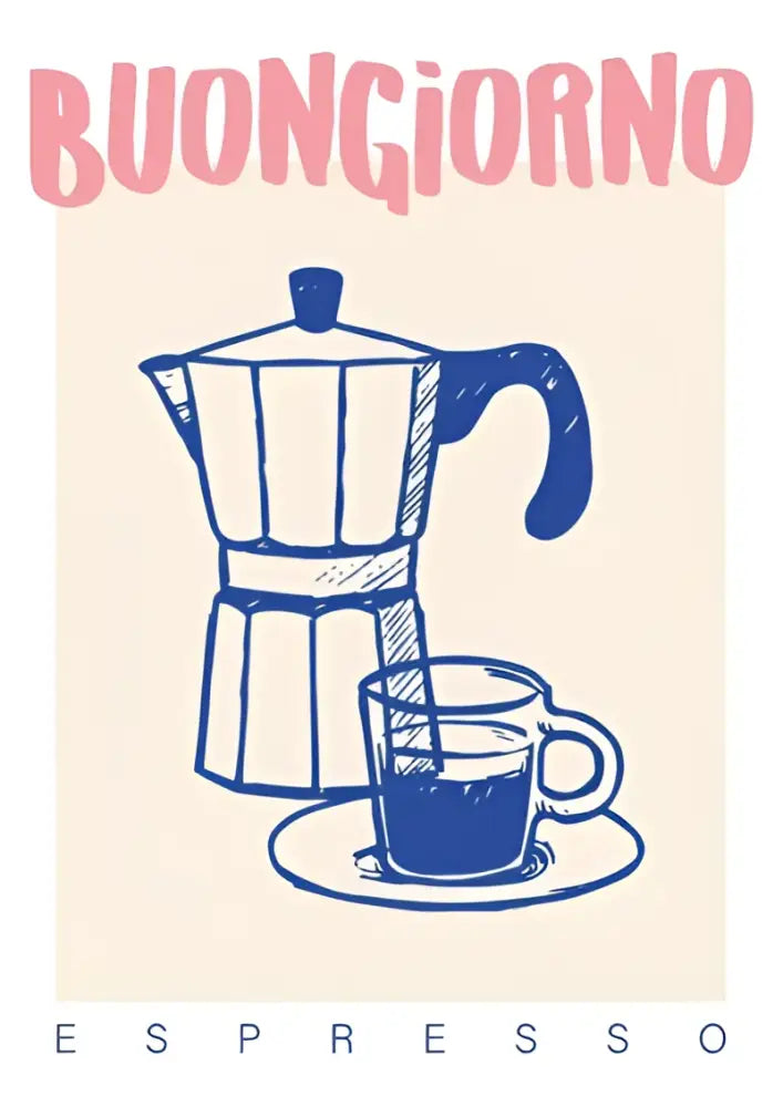 Blue line-art illustration of classic italian moka pot with cup on beige background in decorbites™ espresso wall art canvas print