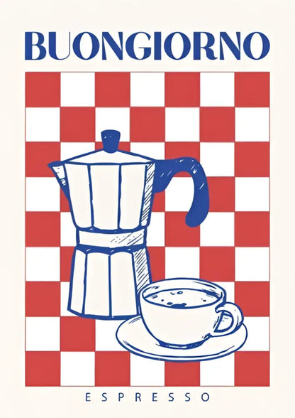 Decorbites™ retro vintage espresso wall art canvas print featuring a blue-lined classic moka pot on checkered background