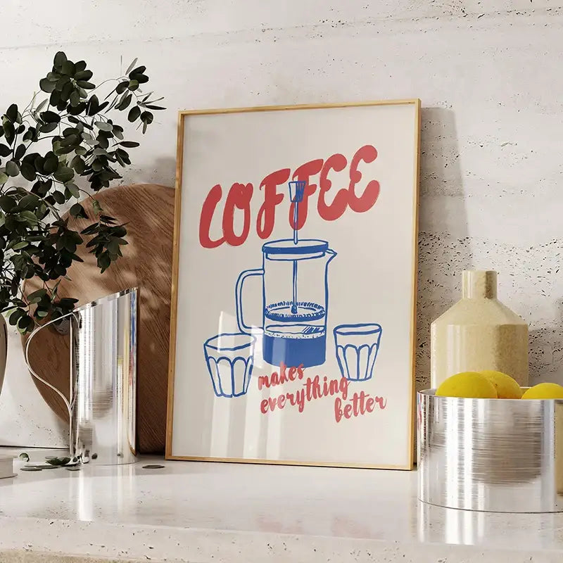 A framed decorbites™ retro vintage espresso wall art canvas print with minimalist blue french press and bold red text on off-white background