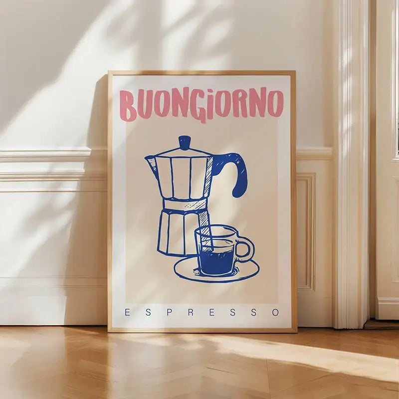 A framed decorbites™ retro vintage espresso wall art canvas print with blue moka pot line art and pink buongiorno text