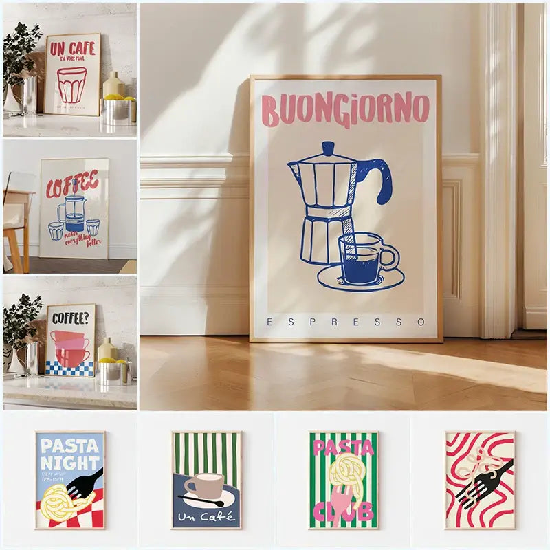 A framed DecorBites™ retro vintage espresso wall art canvas print featuring blue line-art espresso maker and pink buongiorno text