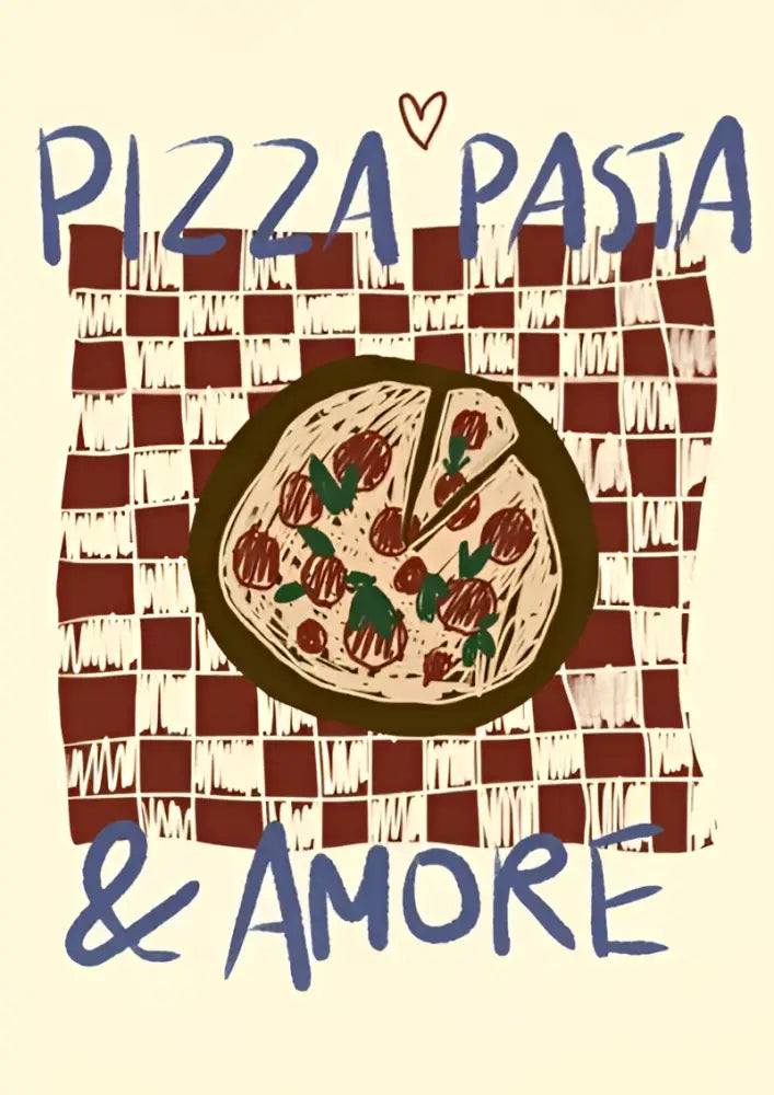 Decorbites™ retro vintage espresso wall art canvas print featuring hand-drawn pepperoni basil pizza on red-white checkered background