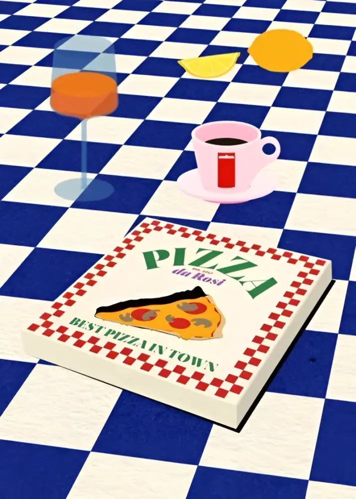 Decorbites™ retro vintage espresso wall art canvas print featuring red and white checkered pizza box with pepperoni slice illustration