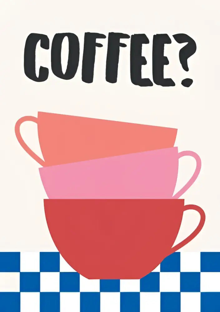DecorBites™ retro vintage espresso wall art canvas print with stack of three pastel coral pink and red coffee mugs