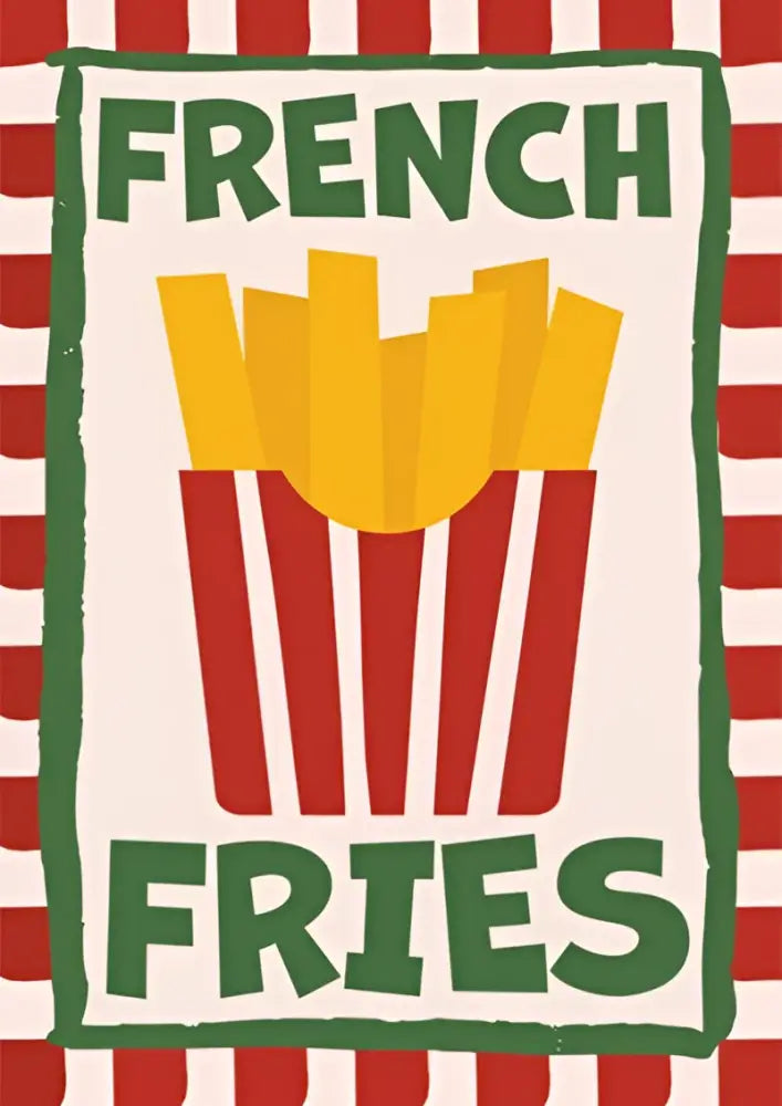 A vibrant decorbites™ retro vintage espresso wall art canvas print featuring golden fries in a red and white container