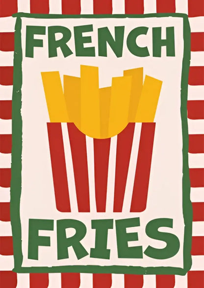 A vibrant decorbites™ retro vintage espresso wall art canvas print featuring golden fries in a red and white container
