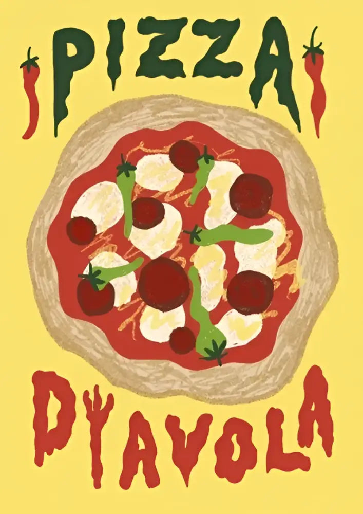 Decorbites™ retro vintage espresso wall art canvas print with vibrant hand-drawn pepperoni and green bell pepper pizza on yellow background