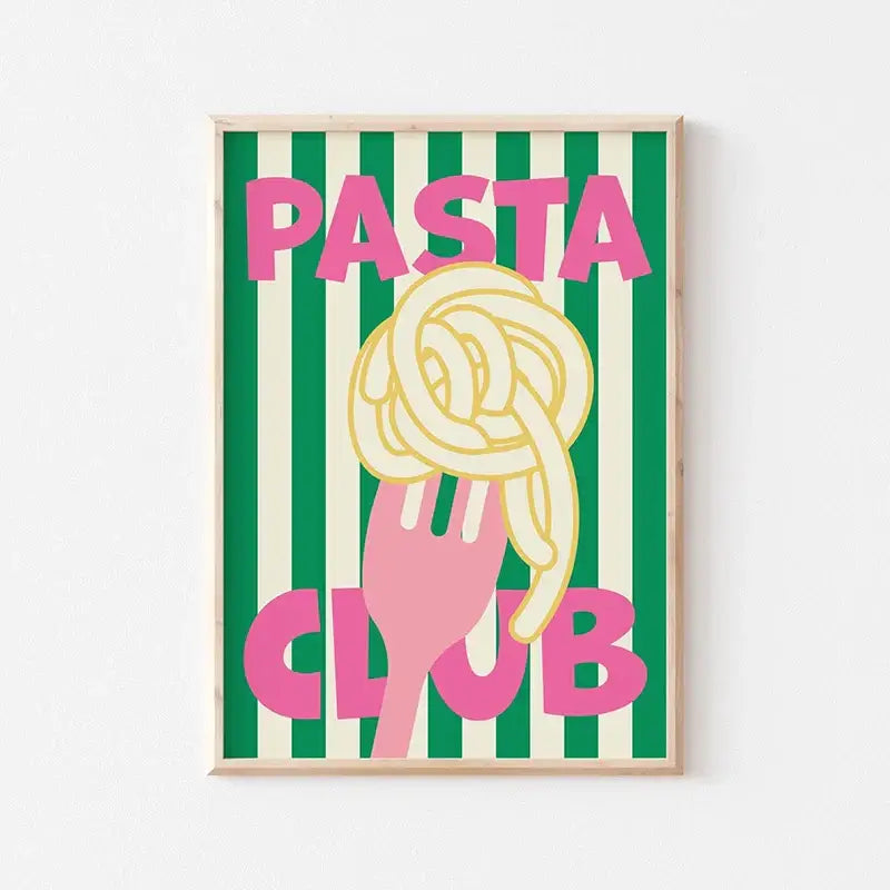 Decorbites™ retro vintage espresso wall art canvas print with vibrant pink and green striped spaghetti fork illustration framed in light wood
