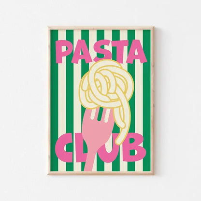 Decorbites™ retro vintage espresso wall art canvas print with vibrant pink and green striped spaghetti fork illustration framed in light wood