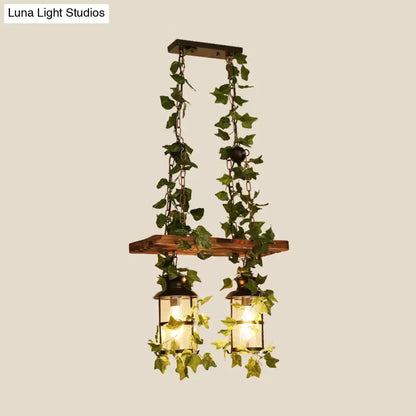 DecorBites retro wooden lantern island ceiling light with pink green LED lamps and plant flower decor ivy vines
