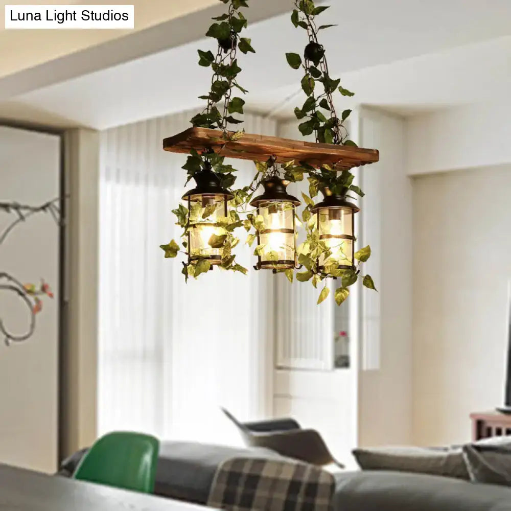 Rustic decorbites retro wooden lantern island ceiling light with three lantern fixtures pink green plant flower decor