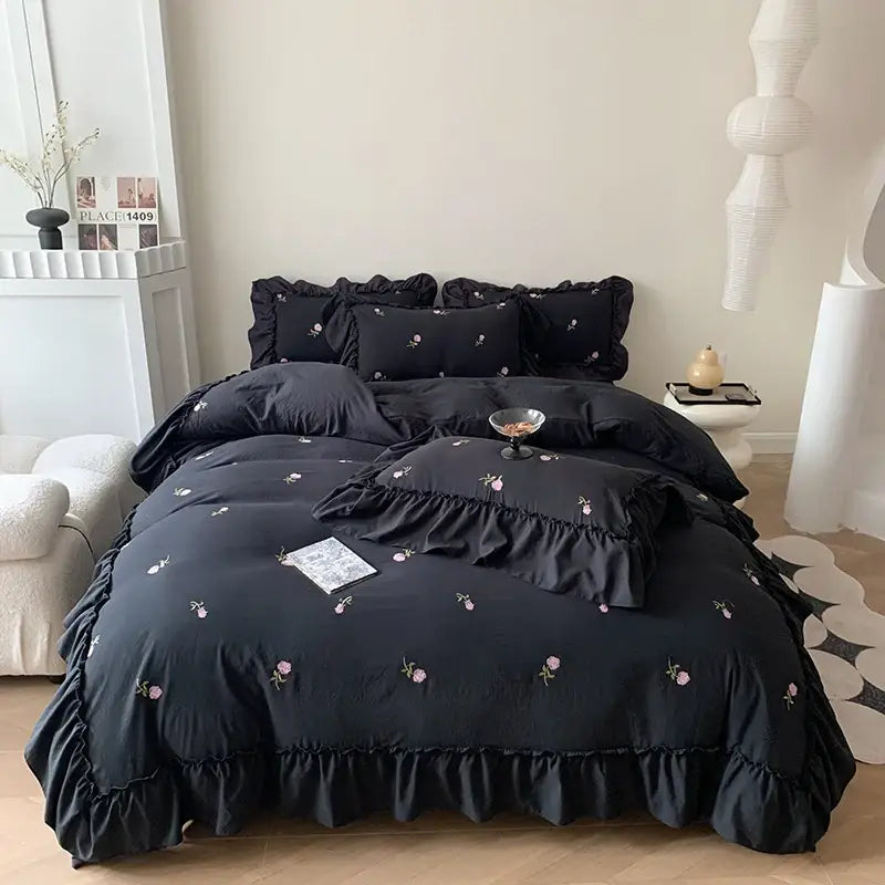 DecorBites™ rose embroidered duvet cover set in black with delicate pink floral ruffles for a princess style bedroom