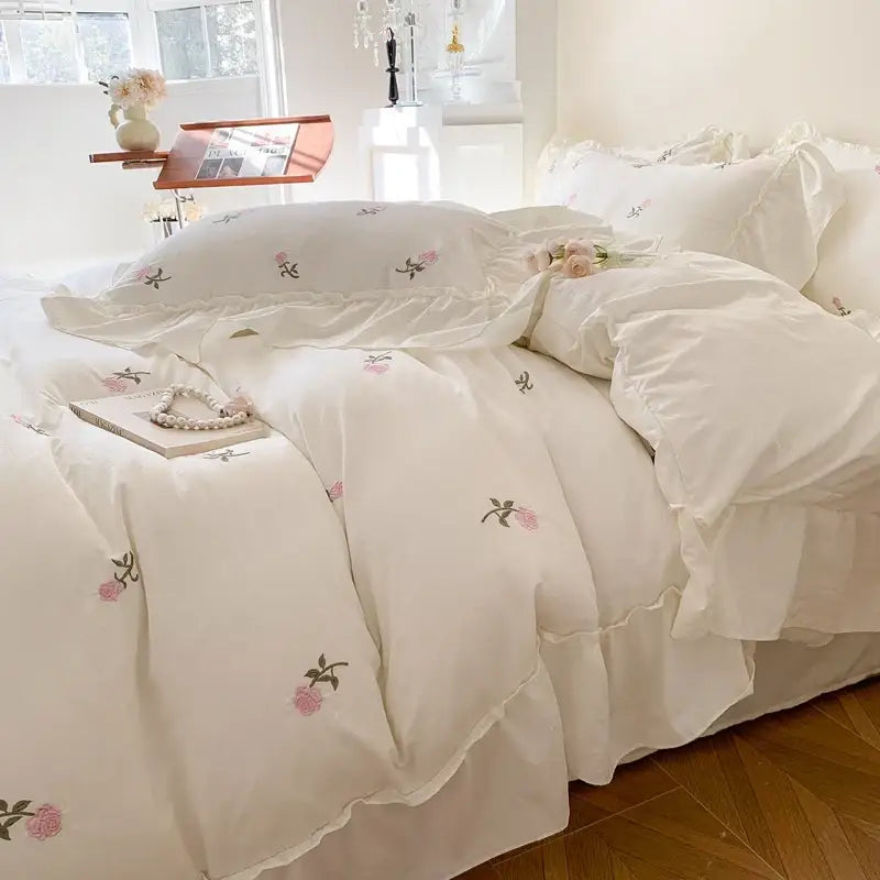 Off-white decorbites™ rose embroidered duvet set with floral embroidery and ruffled edges in princess style