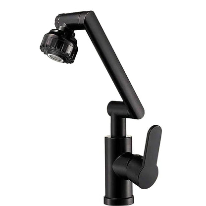 Black matte rotating dual-mode faucet with flexible articulated spout and lever handle for kitchen and bathroom use