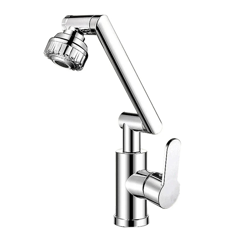 Chrome-finished DecorBites™ rotating dual-mode faucet with extendable spray head for kitchen and bathroom use