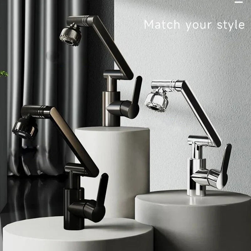 Modern black and chrome rotating dual-mode faucet with sleek articulated arms for kitchen and bathroom use