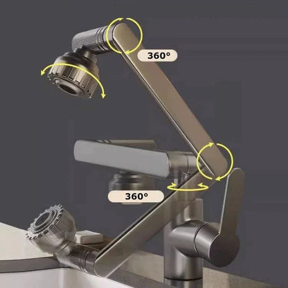 Modern brushed stainless steel decorbites rotating dual-mode faucet with 360-degree swivel and dual spray heads for kitchen and bathroom