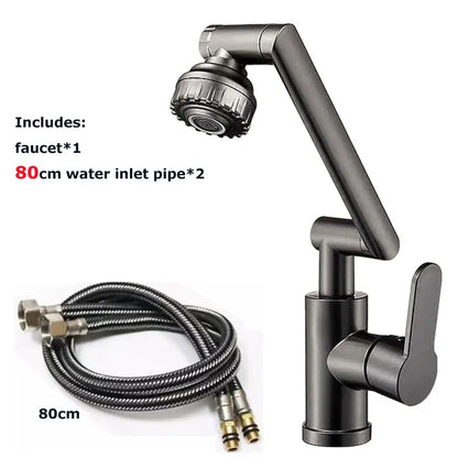 Black matte-finish rotating dual-mode faucet with flexible showerhead and braided hose for kitchen and bathroom use