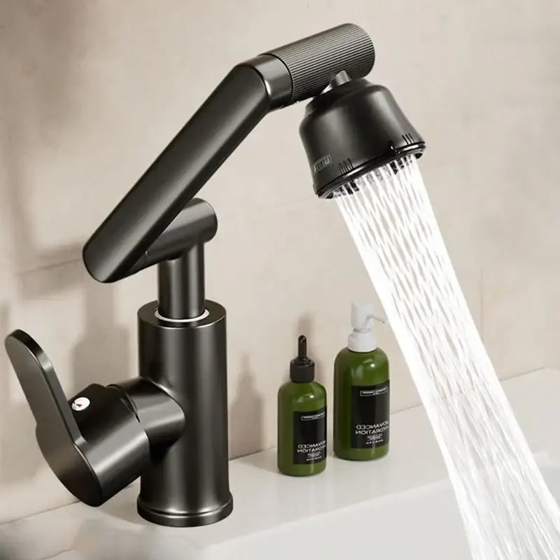 Black matte finish rotating dual-mode faucet with pull-out spray head for kitchen and bathroom use by DecorBites™