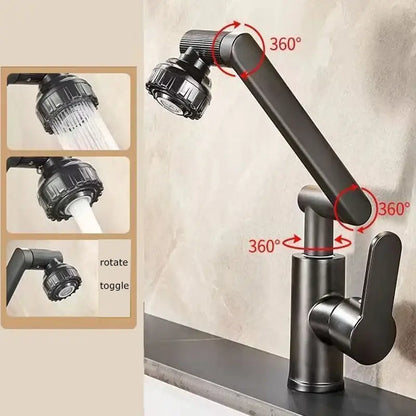 Black matte-finish rotating dual-mode faucet with 360-degree rotating spout and showerhead for kitchen and bathroom use