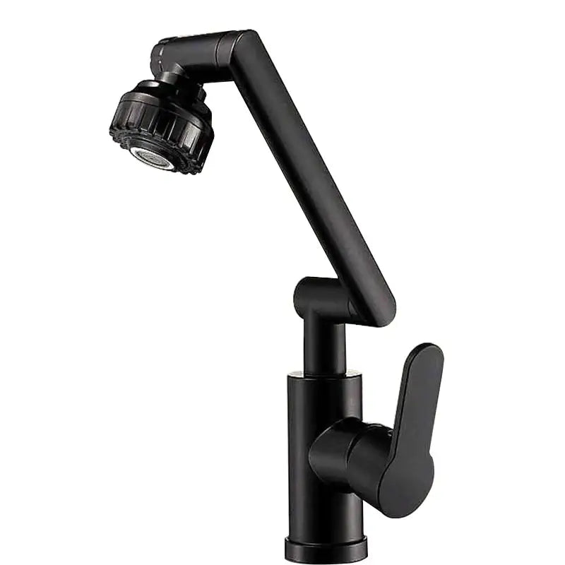 Black matte rotating dual-mode faucet with flexible articulated spout and lever handle for kitchen and bathroom use