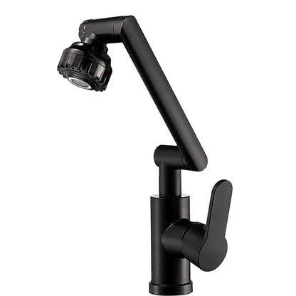Black matte rotating dual-mode faucet with flexible articulated spout and lever handle for kitchen and bathroom use