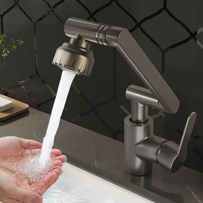 Decorbites rotating dual-mode faucet in matte stainless steel with a sleek articulated spout and textured handle for kitchen and bathroom