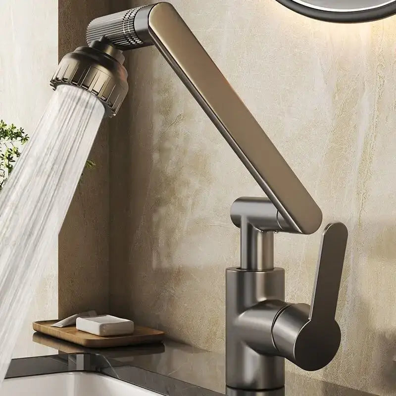 Modern matte black rotating dual-mode faucet with sleek articulated spout and adjustable showerhead for kitchen and bathroom